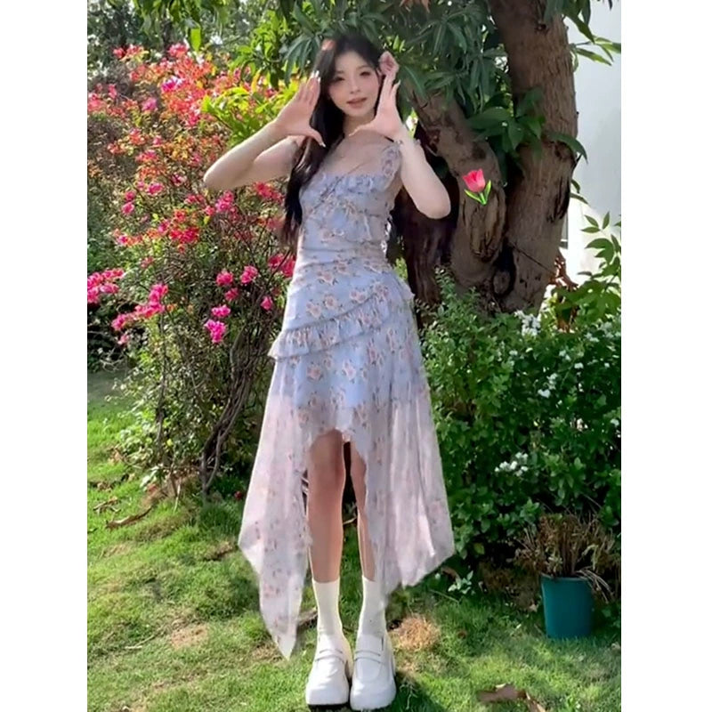 Fashion women's wear French Style Irregular Design Floral Strap Dress Women's 2024 Summer New Sweet Small Long Skirt