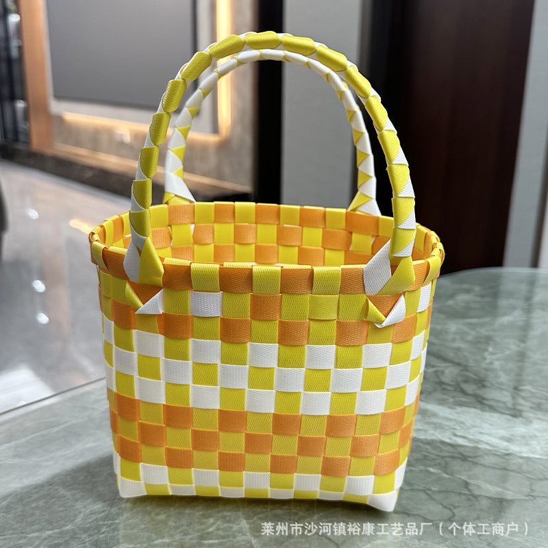 Dopamine Bag Free shipping Tattoo Cartoon dopamine plastic woven bag, trendy macaron hand-woven vegetable basket bag, cute casual seaside beach bag