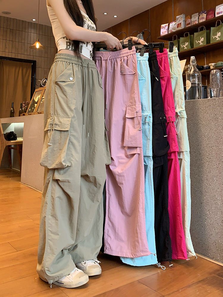 Dopamine pants Free shipping Tattoo Dopamine blue overalls women's summer American drawstring elastic waist casual pants sports tied feet wide-leg trousers