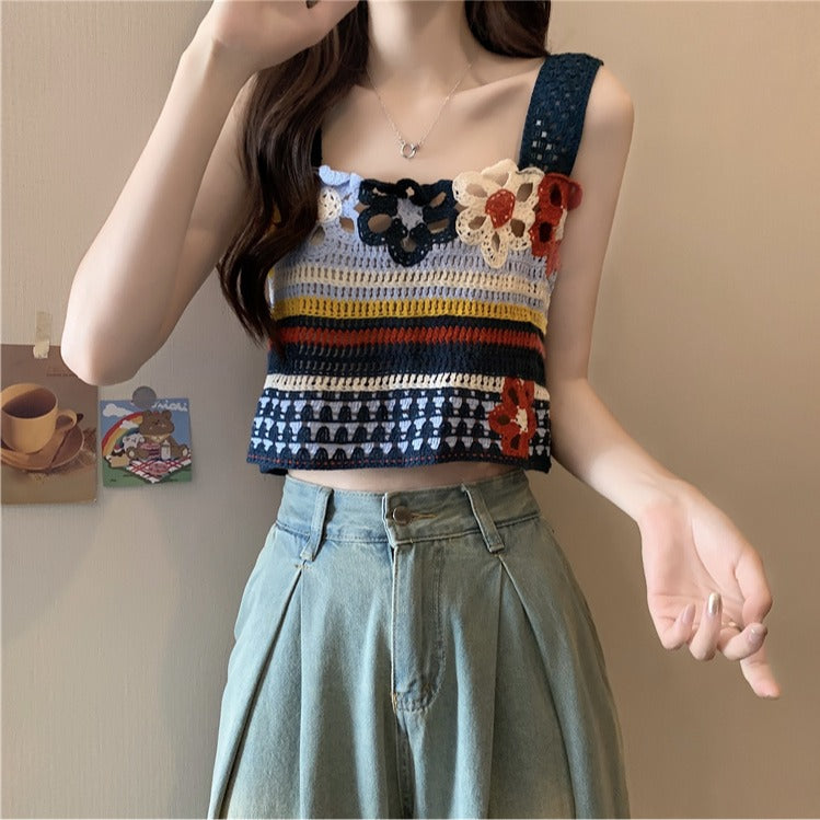 Dopamine tops Free shipping Tattoo Dopamine Stripe Hollow Suspender Small Vest Women's Xia Tailand Wear Ethnic Style Outside Thai Seaside Top