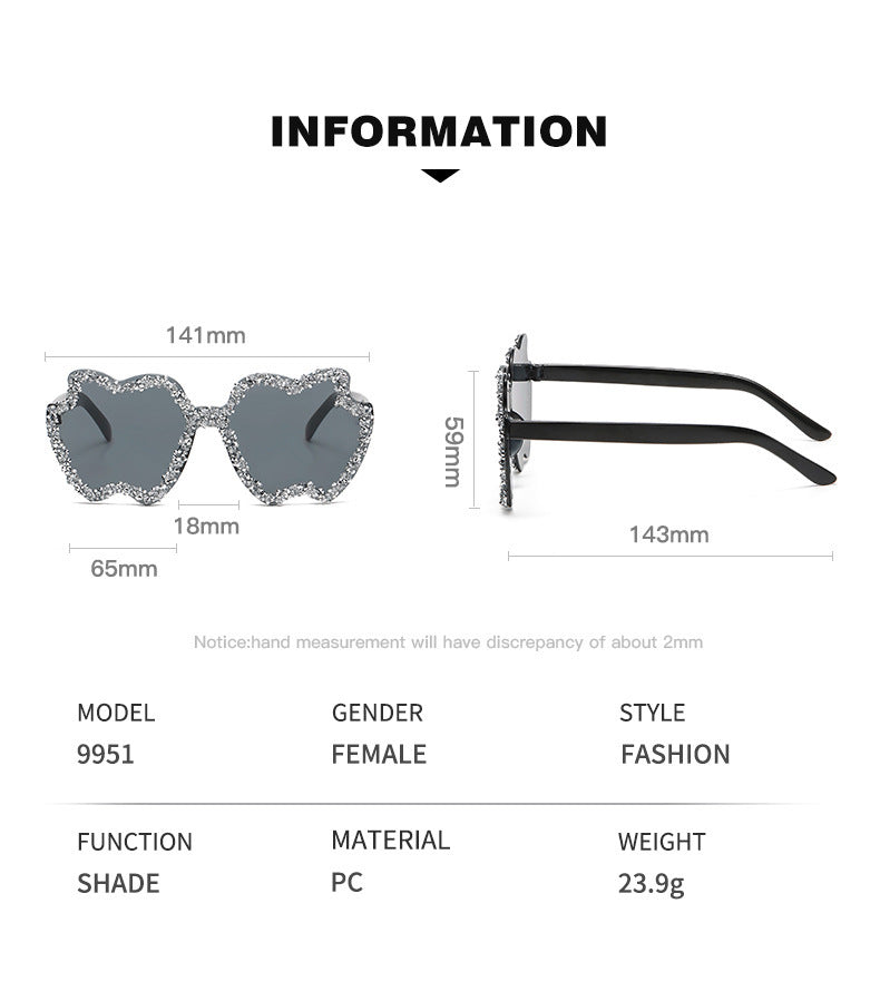 Women's fashion glasses 跨境镶钻透明果冻色苹果太阳镜男女士桃心墨镜欧形连体苹果眼镜
