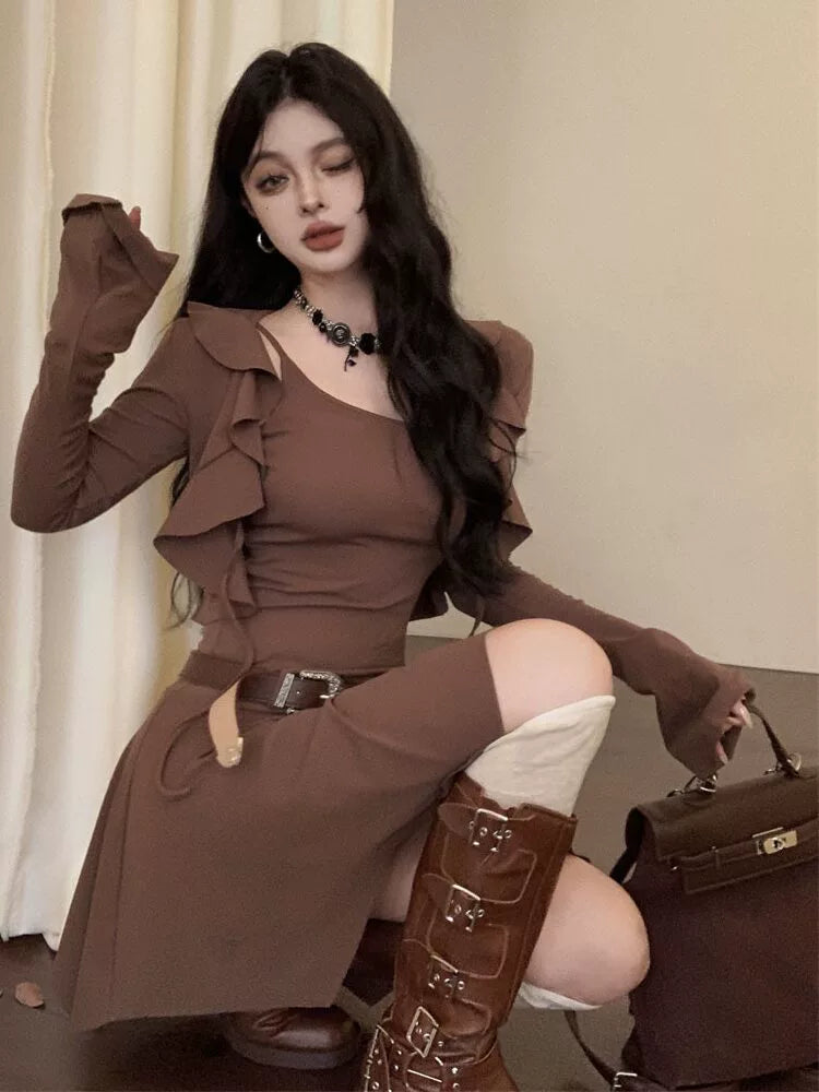 Fashion women's wear Brown Sleeveless Sling Dress Women's Summer Hot Girl Fitted Waist Pleated A- line Short Skirt Ruffled Cardigan Two-Piece Set