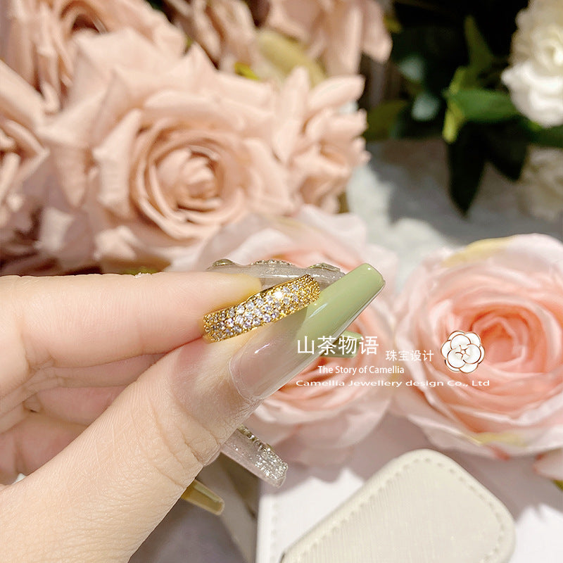 山茶日韩新款黄金色三排镶满钻ins风百搭叠戴戒指 精致小巧冷淡风