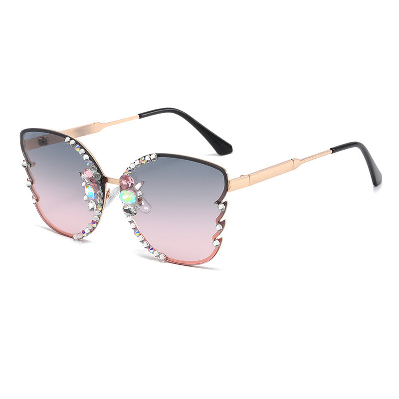 Women's fashion glasses 跨境专供欧美大框街拍新款镶钻太阳眼镜时尚金属女士潮流墨镜批发