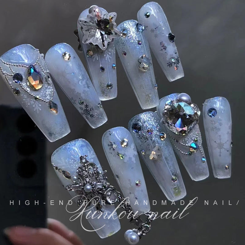(Hand-Made Nail) Nail Fairy Flashing Pink Gradient Butterfly Chain Irregular Shell Gentle Blooming Handmade Wear Nail
