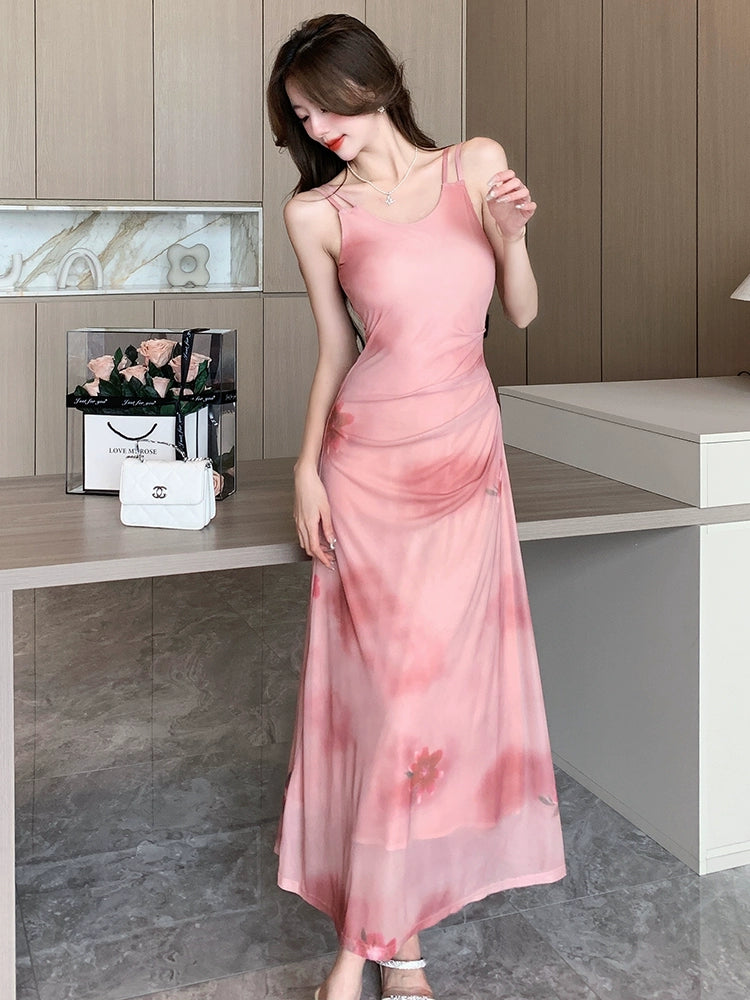 Fashion women's wear Gentle Pink Mori Dress Design Sleeveless Camisole Dress Women's Summer Fashion Tie-Dye A- line Dress
