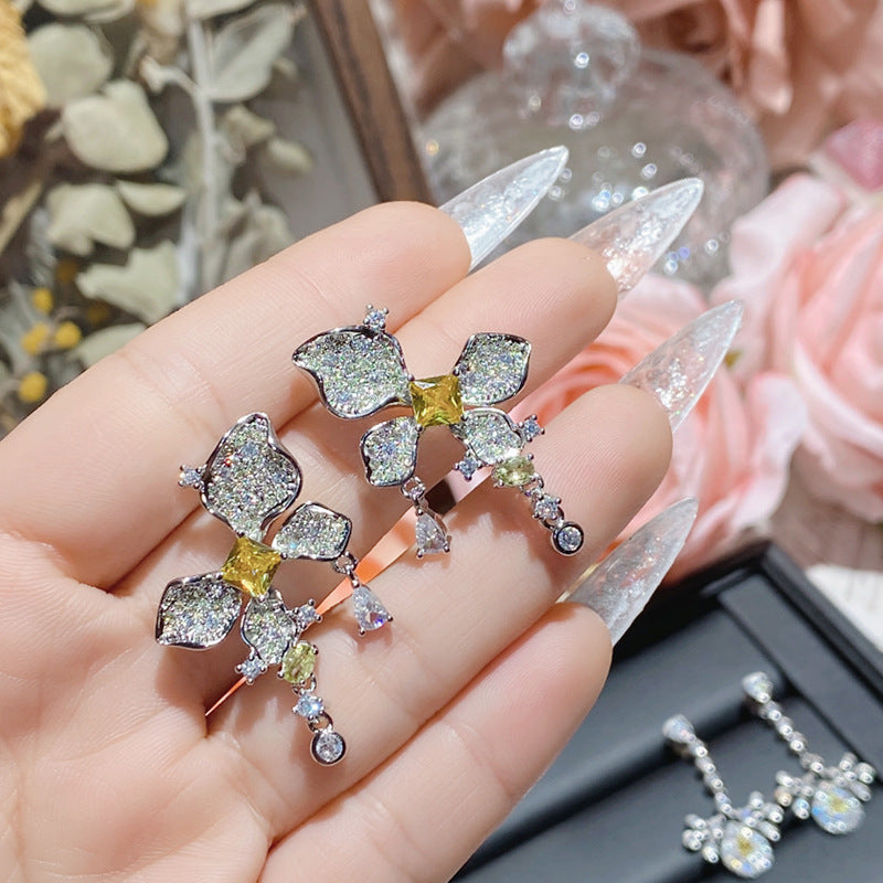 山茶新品奢华璀璨彩宝金黄锆耳饰 镀18k优雅贵气高级精致银针耳钉