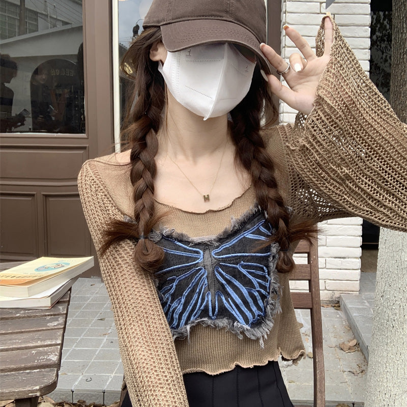 Dopamine tops Free shipping Tattoo Blue short top women's summer sweet and spicy tulle sunscreen blouse backing autumn wear dopamine music festival long-sleeved T-shirt