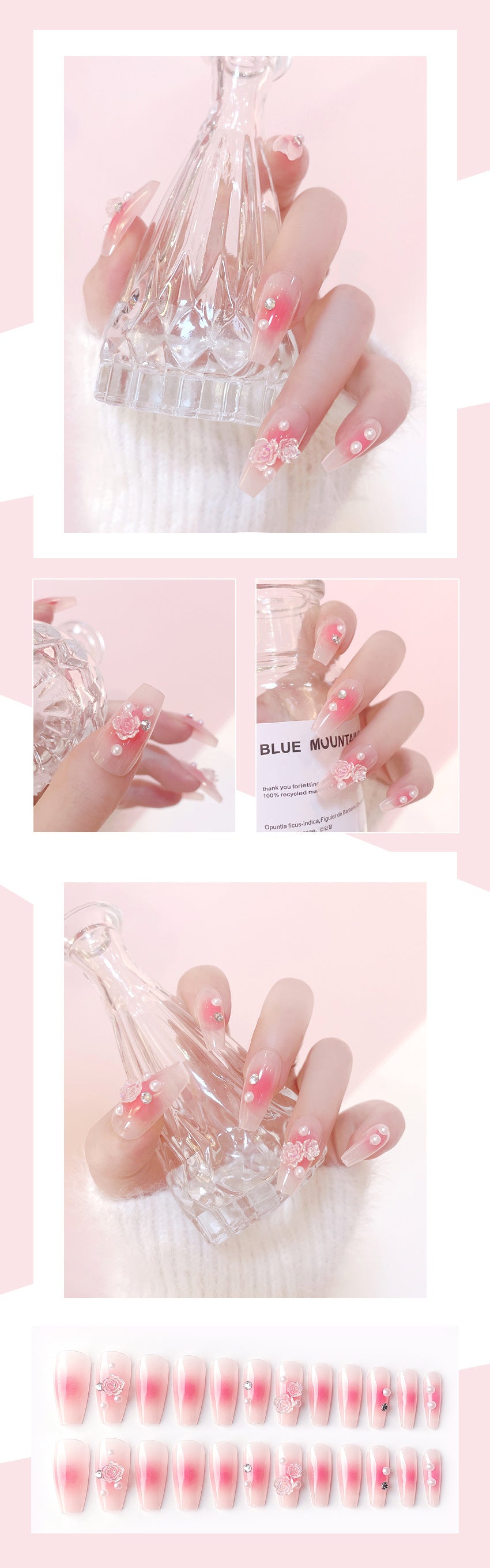 Fashion  nail Glitter Transparent Camellia Gentle Wear Manicure Girl Three-Dimensional Camellia Fake Nail Tip Finished Product Y54