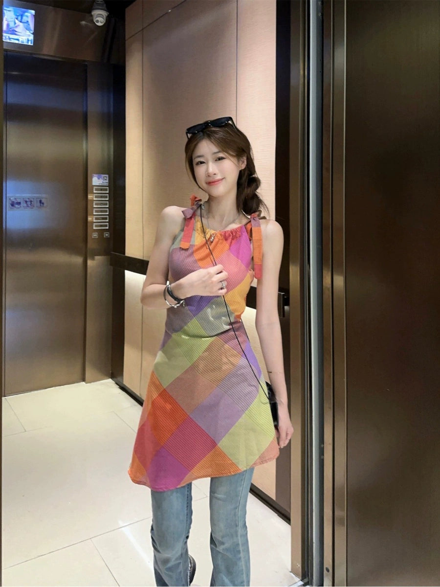 Dopamine dress Free shipping Tattoo Dopamine wears a chic neck sling skirt for women's summer 2024 new holiday style waist beautiful temperament dress