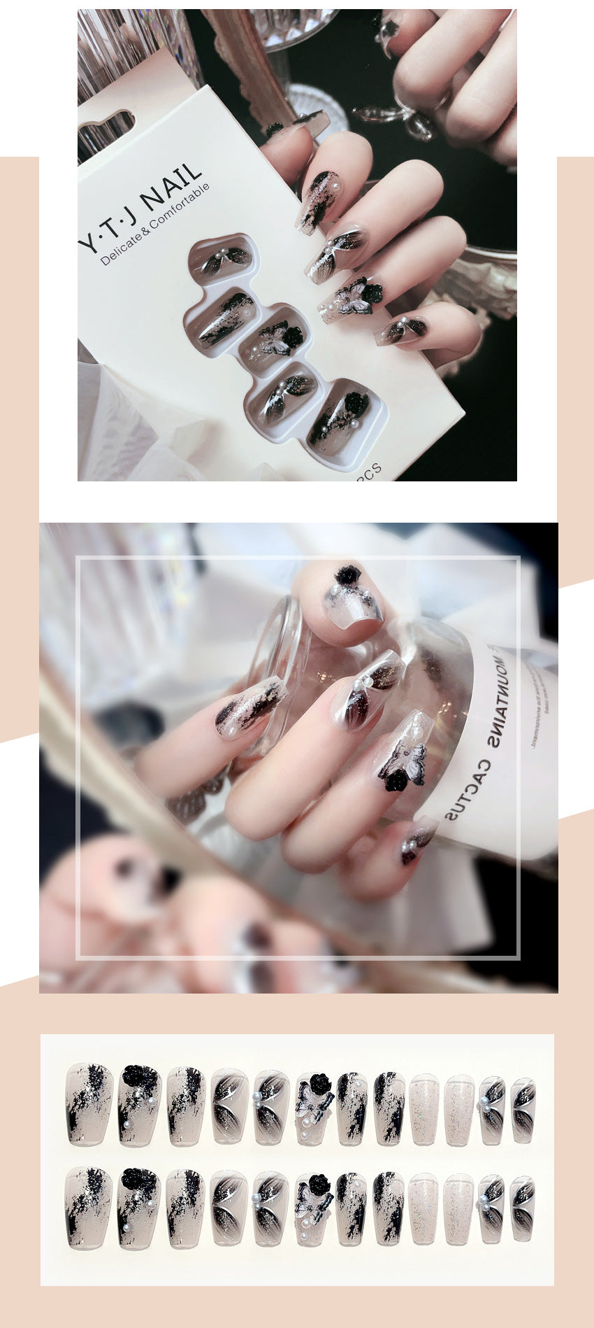Fashion  nail Pure Desire Fake Nail Patch Black Pansy Finished Nail Beauty False Nails Removable Nail Tip Wear Nail X104