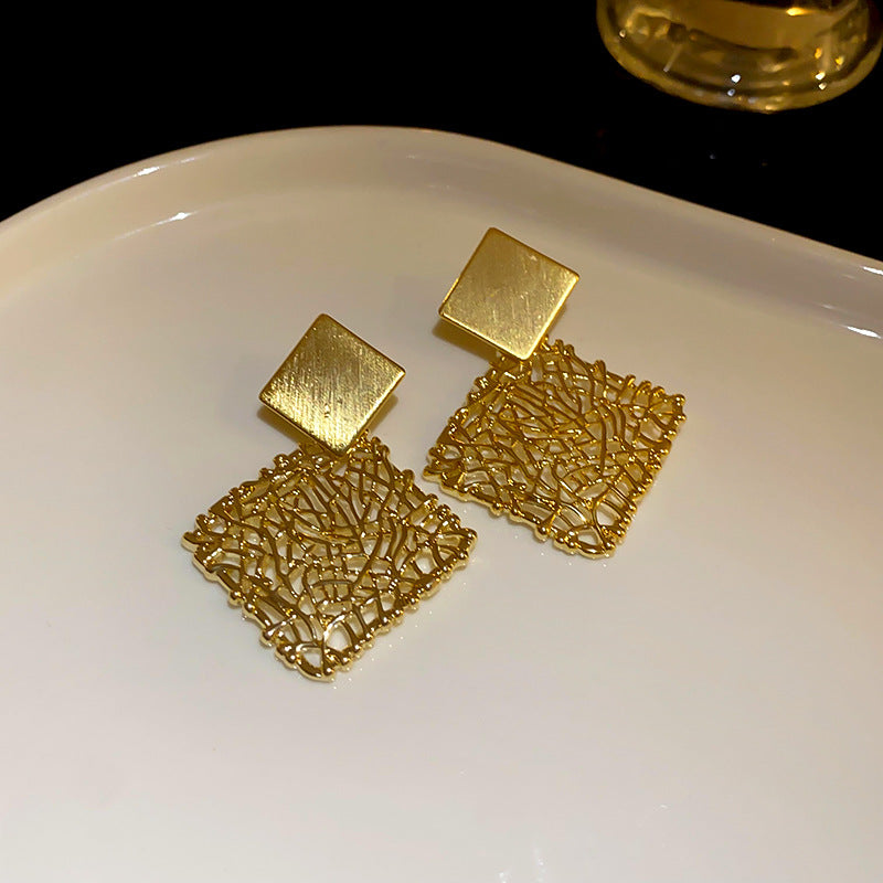 真金电镀银针镂空方形耳环欧美个性气质耳钉小众高级感耳饰批发女
