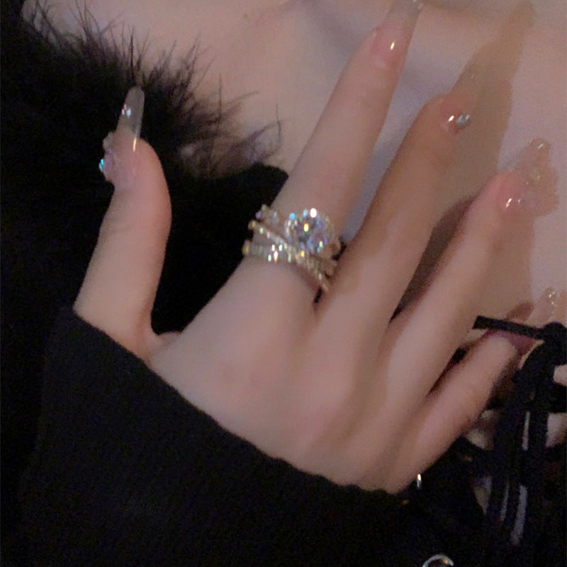 真金电镀精致百搭锆石开口戒指女轻奢小众叠戴个性设计食指戒批发