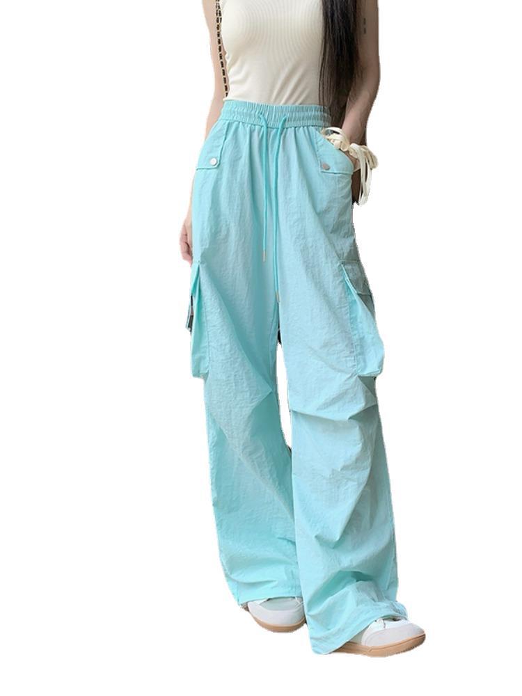Dopamine pants Free shipping Tattoo Dopamine blue overalls women's summer American drawstring elastic waist casual pants sports tied feet wide-leg trousers