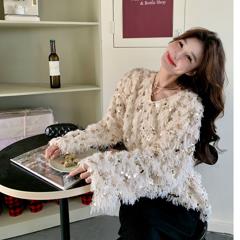 Fashion women's wear Real Shot Shiny Annual Meeting Festival Atmosphere Handmade Sequined Feather V-neck Sweater Spring Inner Wear Sweet Dress