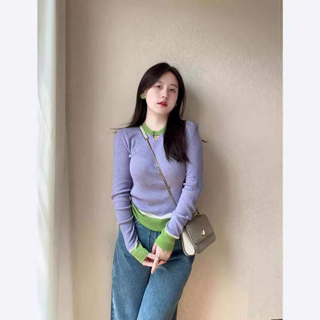 Dopamine tops Free shipping Tattoo Purple contrasting color dopamine wear temperament bottoming shirt knitted sweater women's autumn and winter inner wear foreign style age-reducing slim-fit top