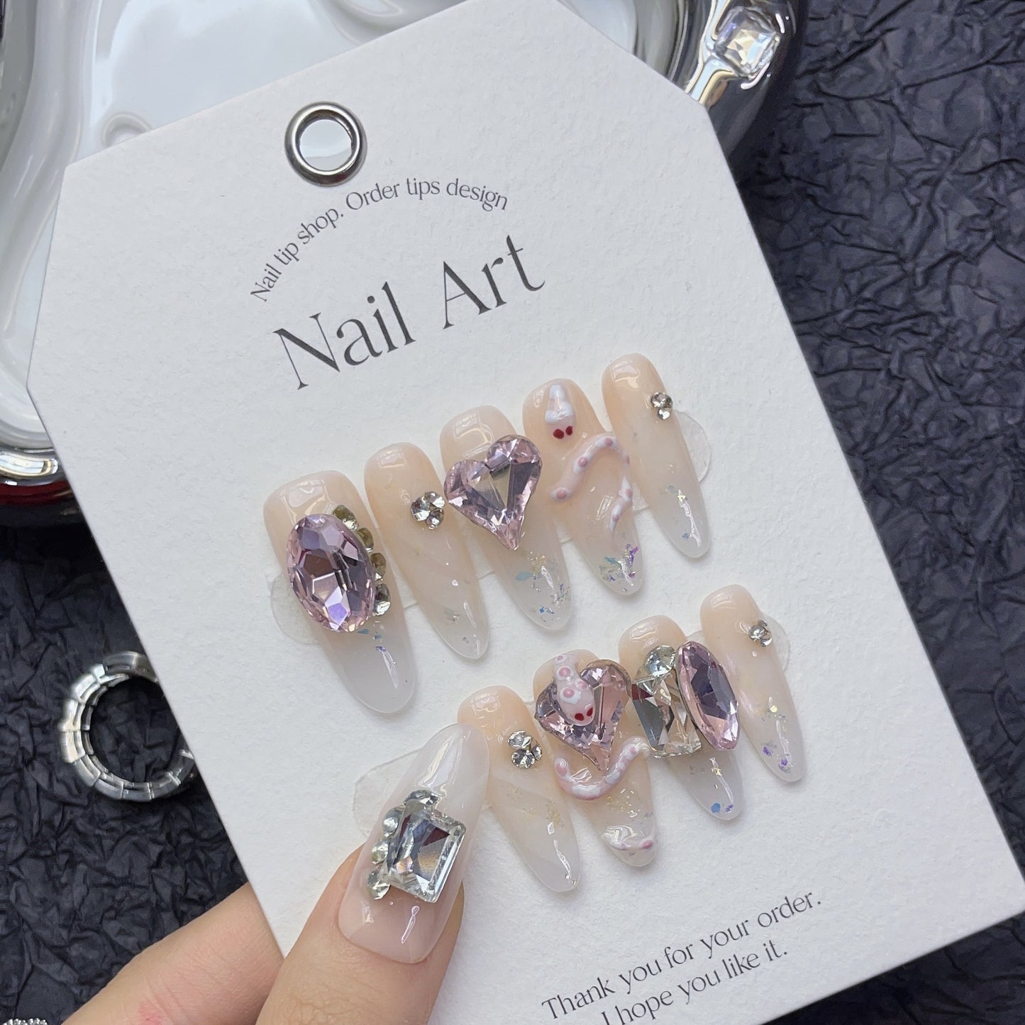 (Hand-Made Nail) Wear Nail Handmade Finished Nail Beauty Fake Nail Patch Niche Advanced Pink Baby Snake Ice Transparent Nude Color Flashing