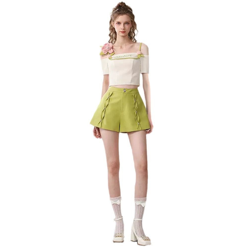 Dopamine tops Free shipping Tattoo Sweet and cool dopamine top 24 years summer tender pink flower one-word shoulder contrasting color suspender off-the-shoulder short-sleeved T-shirt