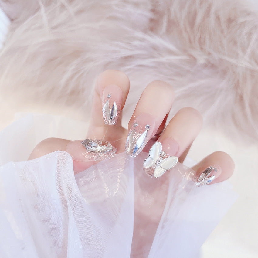 Fashion  nail Internet Celebrity Wear Nail Pure Desire Rhinestone Fake Nail Patch White Advanced Butterfly Nail Stickers Removable Finished Product X81