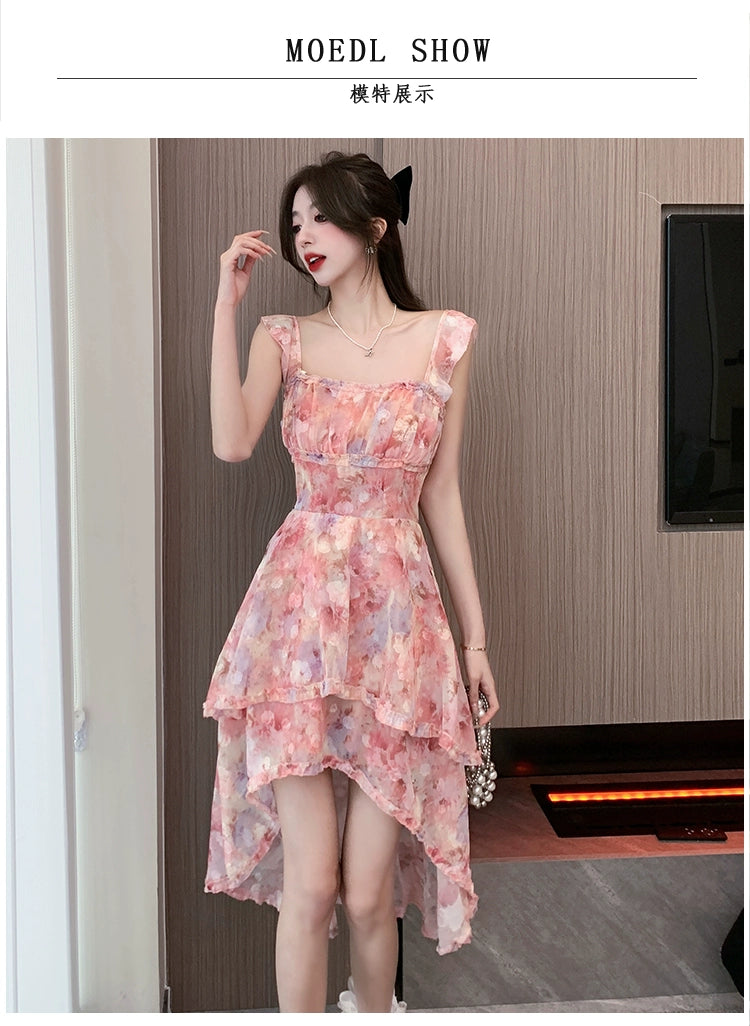 Fashion women's wear Sexy Halter Strap Floral Dress Women's Summer Seaside Vacation Beach Fairy Dress Irregular Trailing Skirt