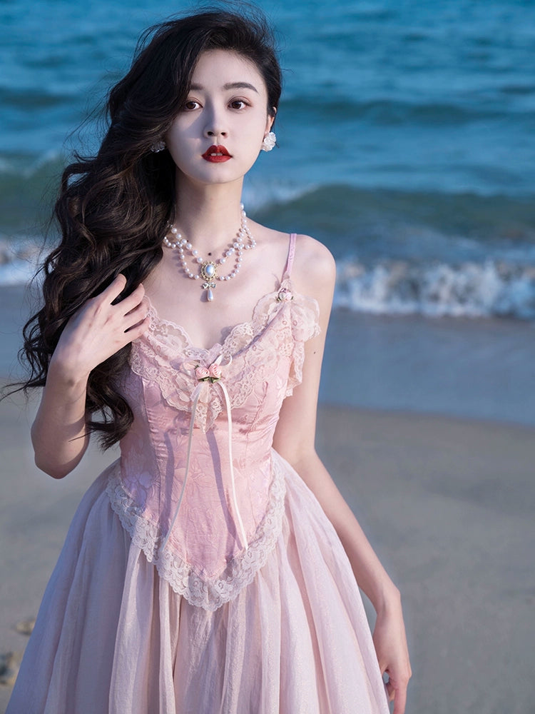Fashion women's wear French Fried Street Tea Break Milk Sweet Escape Princess Dress Sweet Salt Pink Roses Pure Desire Beautiful Sling Dress