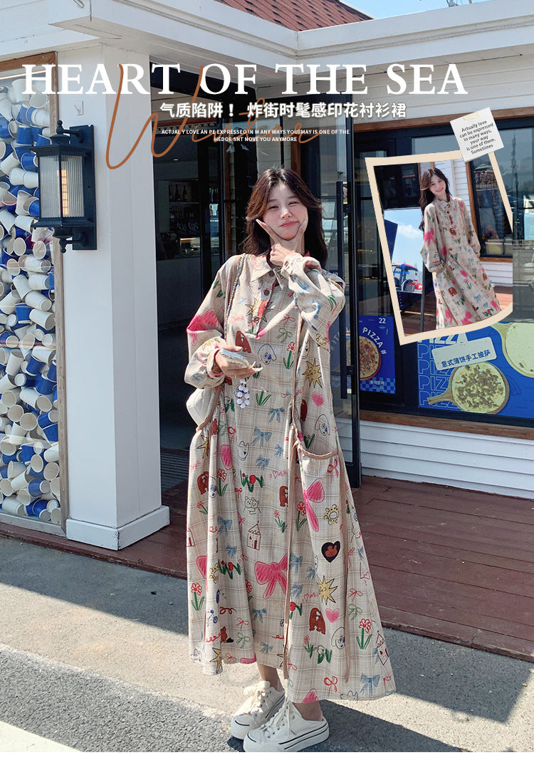 Dopamine dress Free shipping Tattoo Design sense niche printing graffiti dopamine printing polo collar long dress spring and autumn new Korean version loose dress