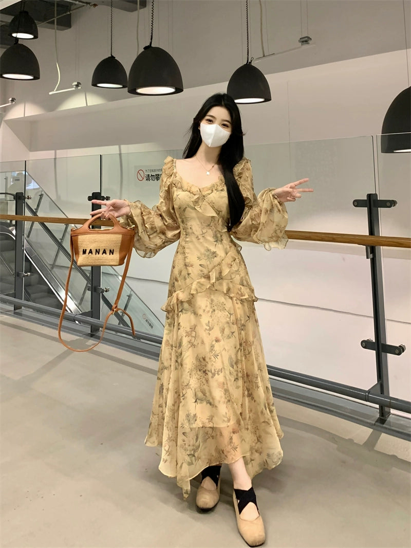 Fashion women's wear French Style Beautiful Yellow Floral Dress Spring plus Size Plump Girls Slimming Fairy Long Dress Style Skirt