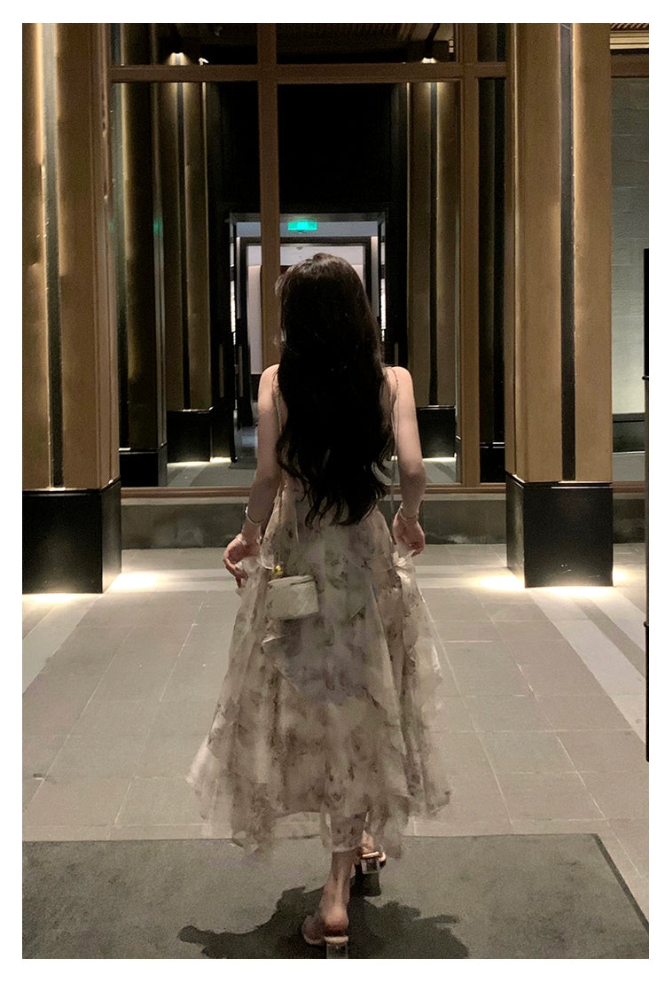 Fashion women's wear Phantom Fairy Ink Blue and White Suspender Dress Sanya Holiday Beach Skirt Irregular Ruffled Floral Dress