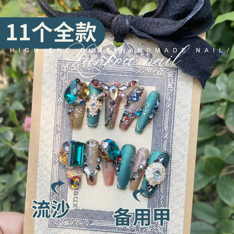 (Hand-Made Nail) Handmade Wear Nail Factory Straight Hair Quicksand Manicure Green Fat Red Thin Gem Box Flash Dragonfly Diamond in the Debris Flow Hemp