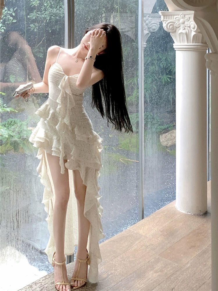 Fashion women's wear Irregular Ruffled Floral Strap Dress Women's Summer Super Fairy Beach Seaside Vacation Princess Trailing Dress