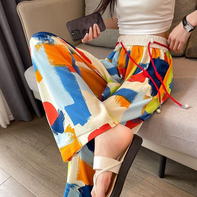 Free shipping  tie-dye wide-leg pants women's 2023 summer thin colorful dopamine drape thin straight casual pants tide