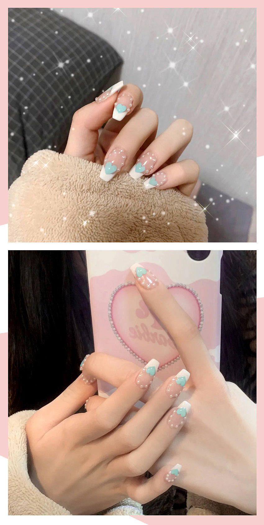Fashion  nail Wear Nail Nail Stickers Nail Patch Fake Nails Detachable Pearl Peach Heart Nail Tip Nail Sticker X5