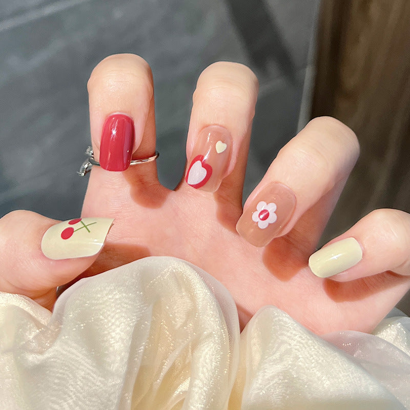 奶油樱桃穿戴甲可爱指甲贴片车厘子美甲片短假指甲美甲贴片成品甲