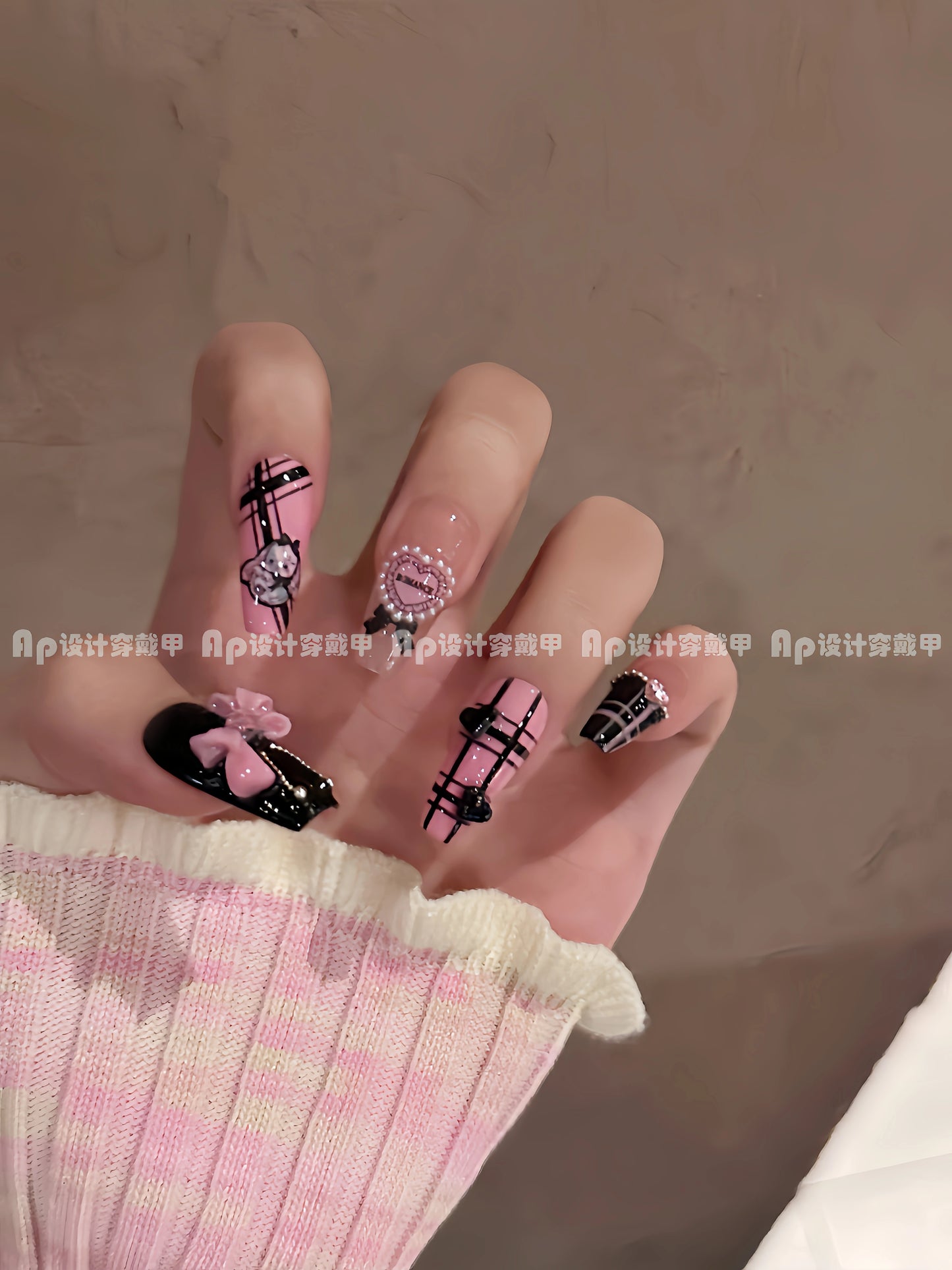 (Hand made nail) [Pure Love Talent] Ap Design Wearing Nail Handmade Black Pink Sweet Cool Ins Cute Sweet Girl Whitening Detachable