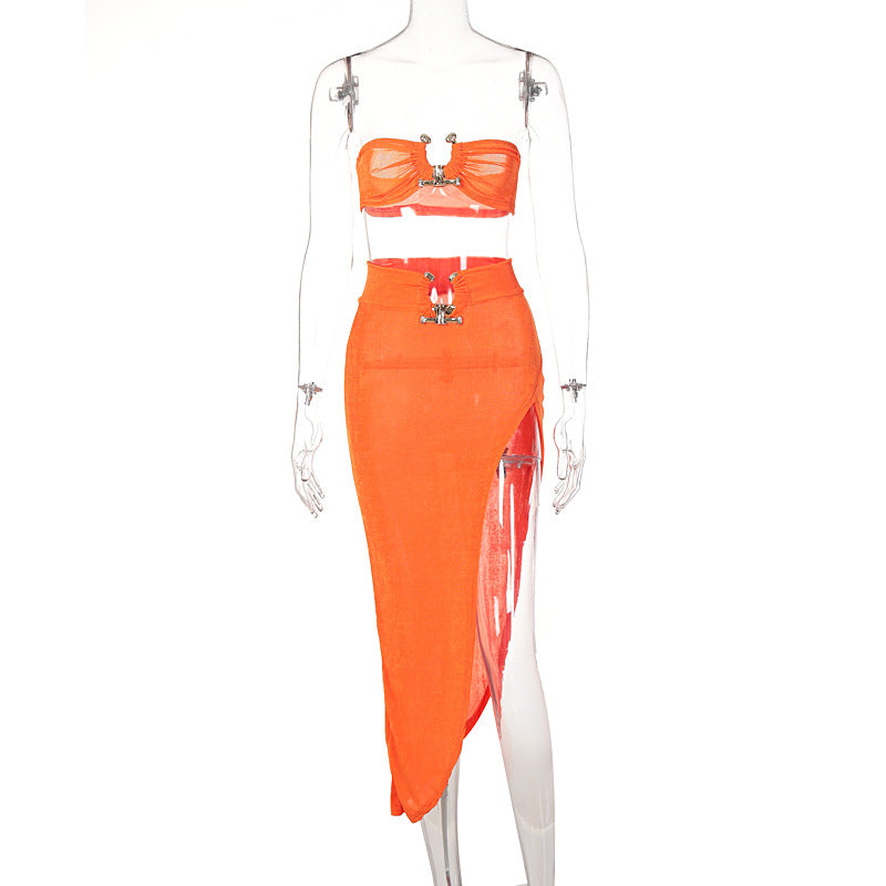 Fashion women's wear  Women's Clothing New Tube Top Open Navel Backless Top Sexy Slit Sheath Skirt Two-Piece Set