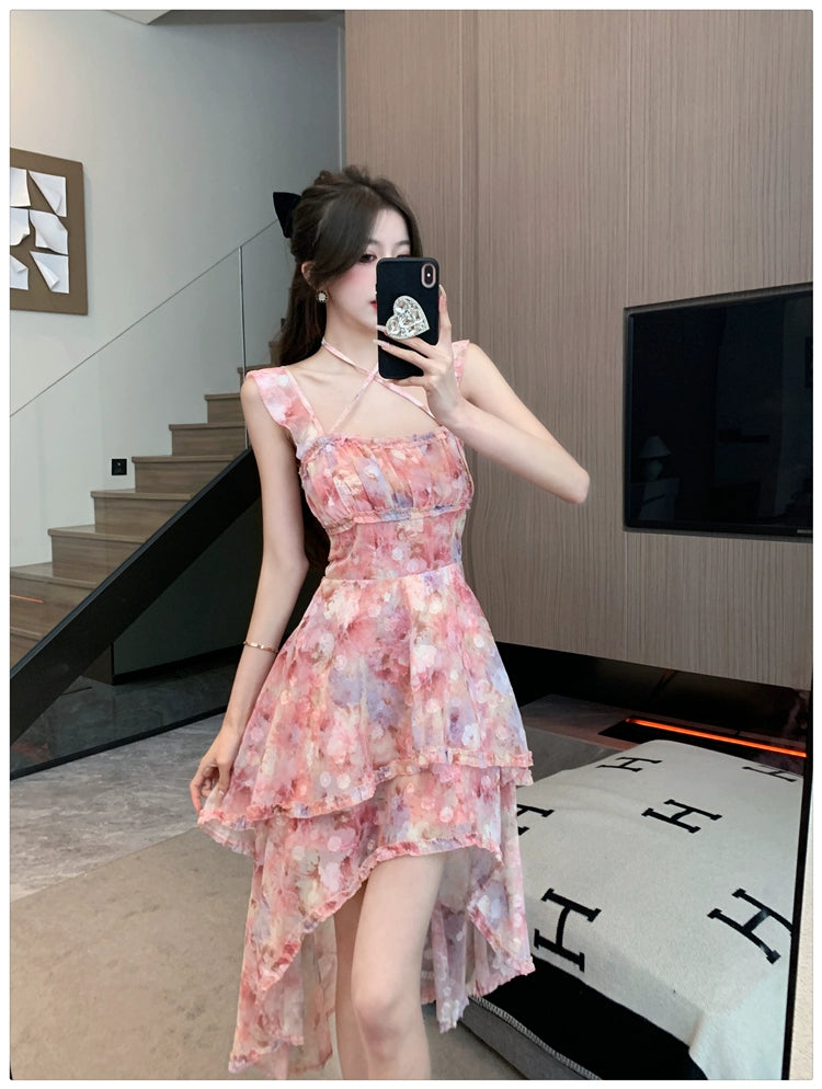 Fashion women's wear Sexy Halter Strap Floral Dress Women's Summer Seaside Vacation Beach Fairy Dress Irregular Trailing Skirt
