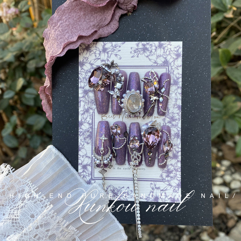 (Hand-Made Nail) Hand-Worn Nail Manicure Purple Star River Butterfly Flash Heavy Industry Blooming Hand-Painted Flash Diamond Hand-Painted Detachable
