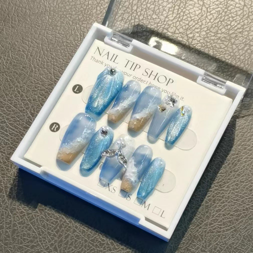 (Hand-Made Nail) [in the Sea] Whale Falling Hand-Worn Armor Hand-Made Advanced Beach HAILANG Blue Manicure Fake Nails Nail Tip