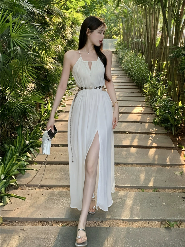 Fashion women's wear French Style Temperament White Halter Sling Dress Women's Summer Super Fairy Midriff Outfit Seaside Vacation Sanya Beach Dress