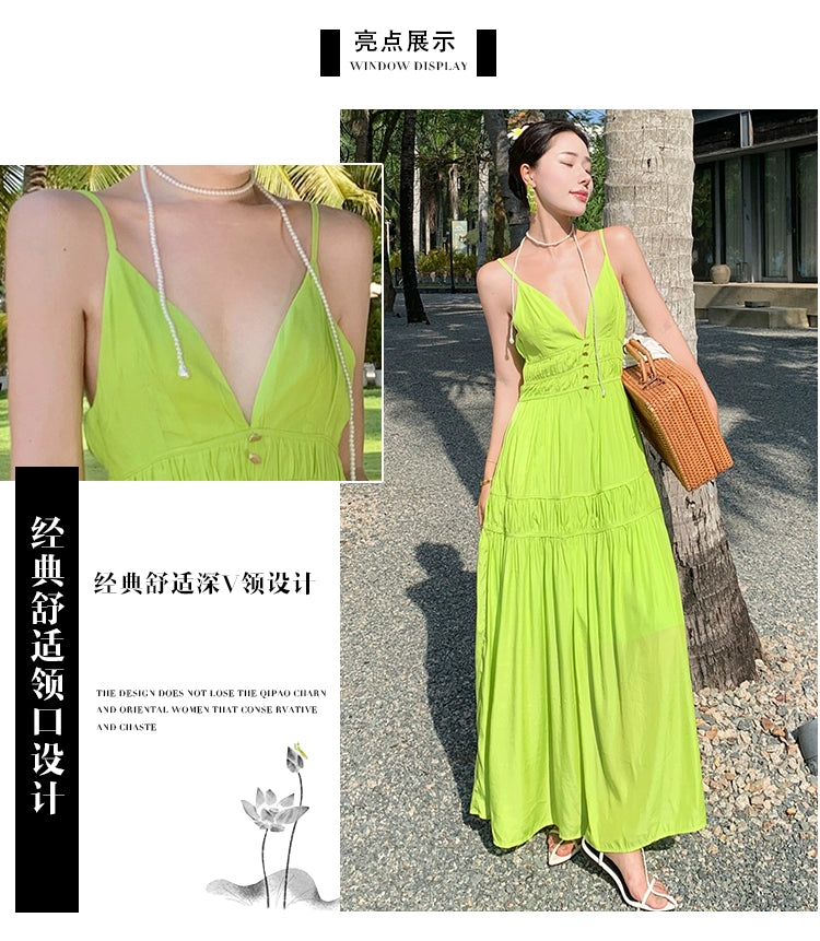 Fashion women's wear Summer Dopamine Seaside Vacation Deep V Dress Green Suspenders Ankle-Length Dress Sanya Slimming Beach Skirt Female