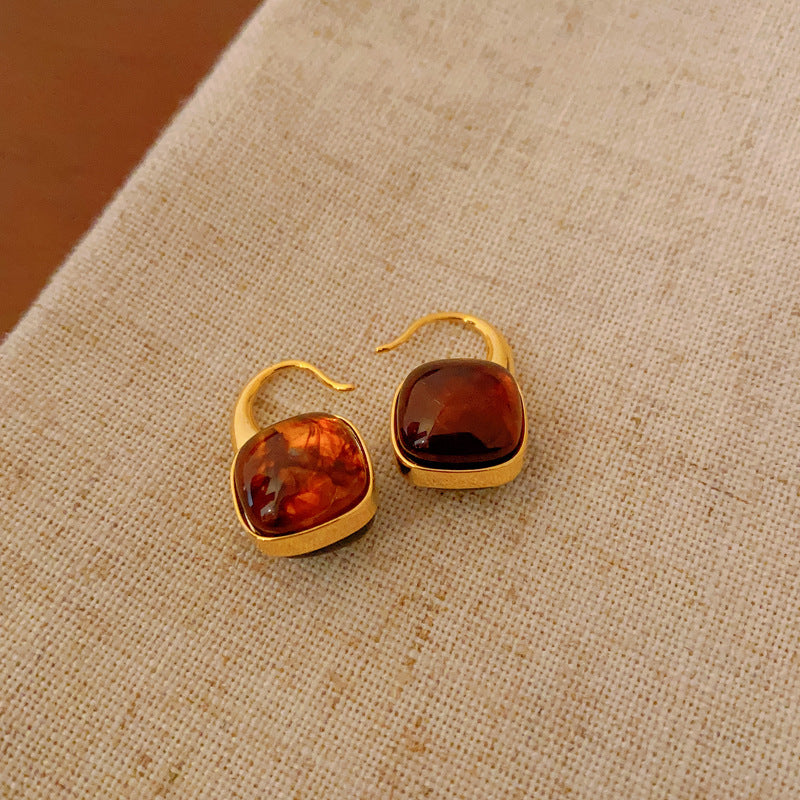 美拉德银针虎眼石几何耳环时尚轻奢复古耳钉高级感百搭耳饰批发女