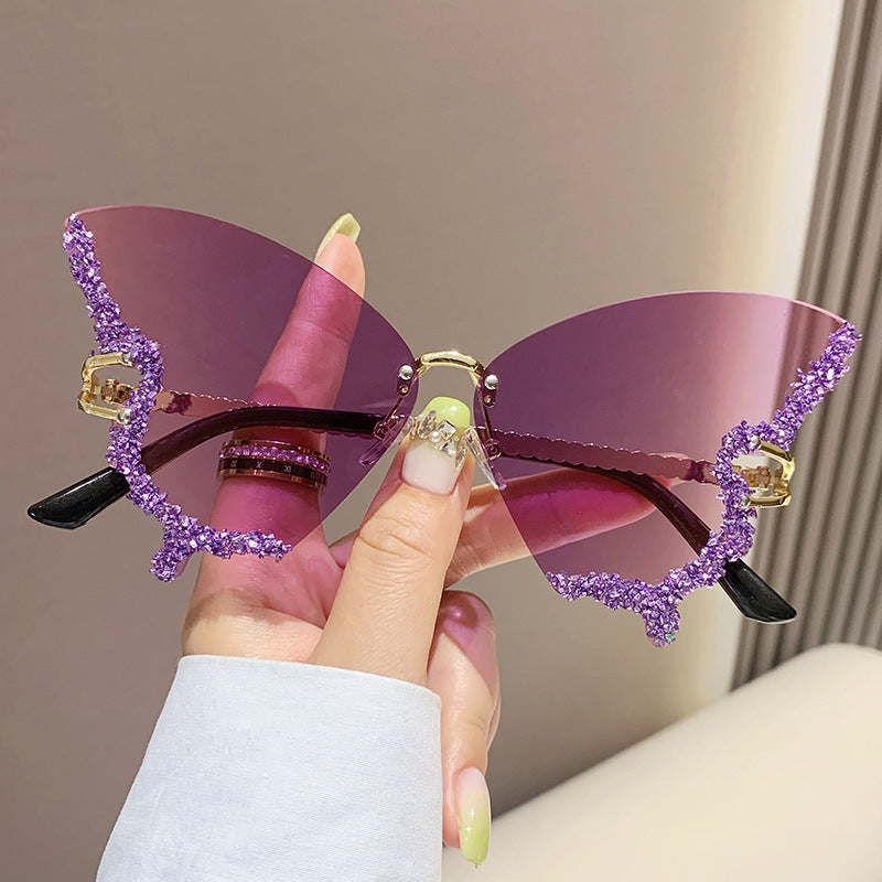 Women's fashion glasses 新款跨境大框蝴蝶镶钻无框太阳镜女ins时尚个性拍照墨镜夸张舞会