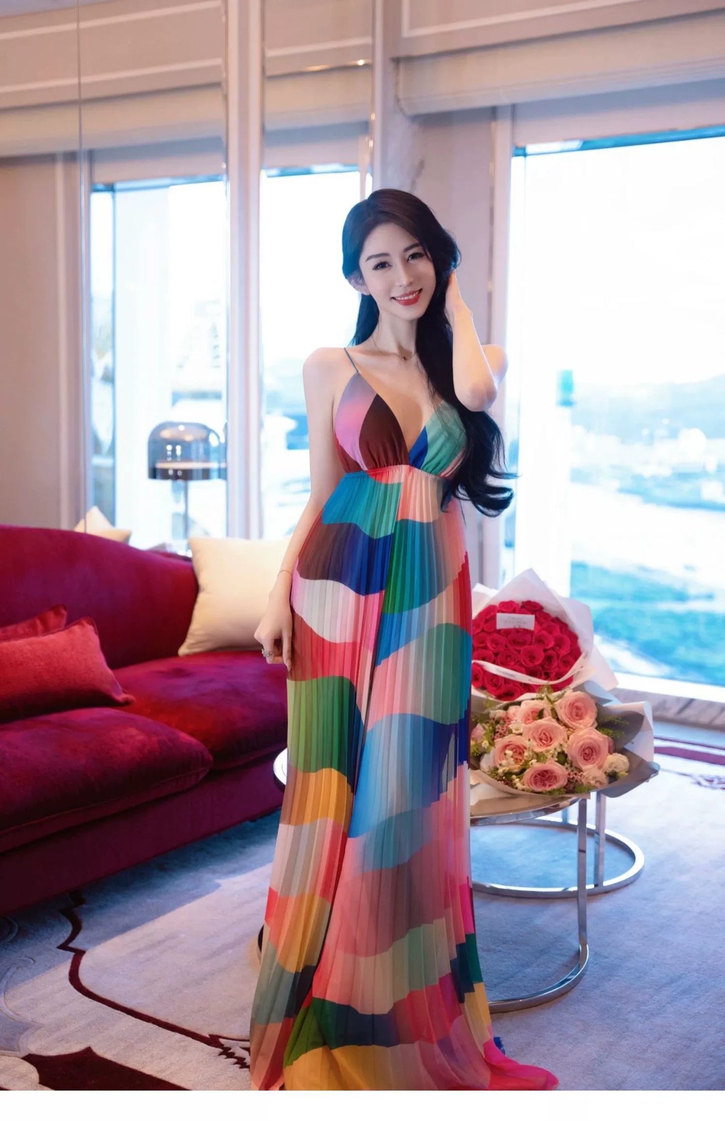 Fashion women's wear Rainbow Striped V-neck Strap Dress Women's Summer Beach Dress Sanya Vacation Style Sexy Backless Slim Fit Long Dress