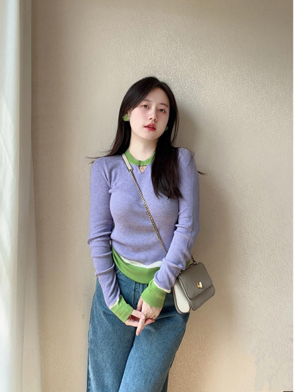 Dopamine tops Free shipping Tattoo Purple contrasting color dopamine wear temperament bottoming shirt knitted sweater women's autumn and winter inner wear foreign style age-reducing slim-fit top
