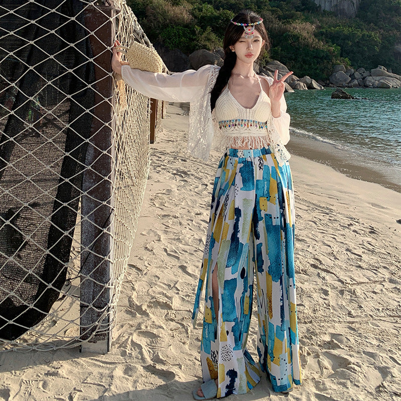 Dopamine pants Free shipping Tattoo Seaside photo pants super fairy summer Thailand Sanya seaside vacation wide-leg pants dopamine beach skirt pants trousers