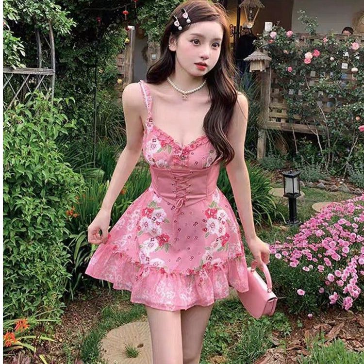 Dopamine dress Free shipping Tattoo Summer sweetheart pink suspender dress women's summer high sense small man pure desire wind dopamine princess A-shaped dress