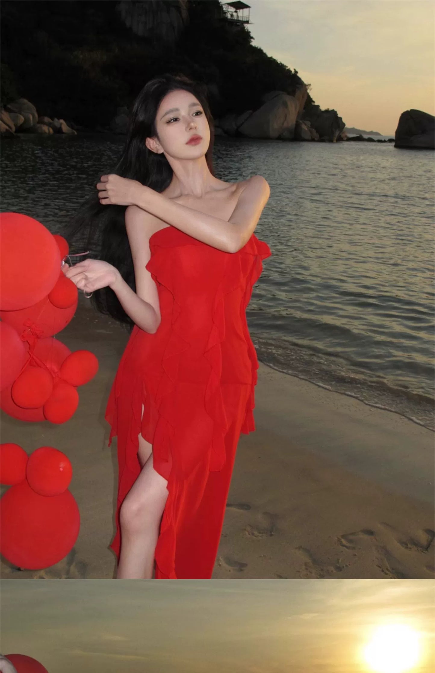 Fashion women's wear French Irregular Red Halter Spaghetti Straps Dress Women's Senior Sexy Beautiful Dress Seaside Holiday Beach Dress