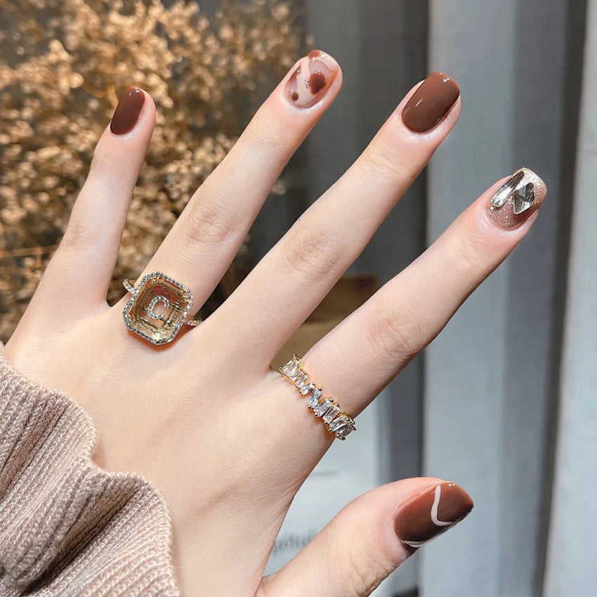 Fashion  nail Autumn and Winter Style Simple Rhinestone Milk Coffee Finished Nail Beauty Short Wear Fake Nails Detachable Nail Tip Wear Armor X95