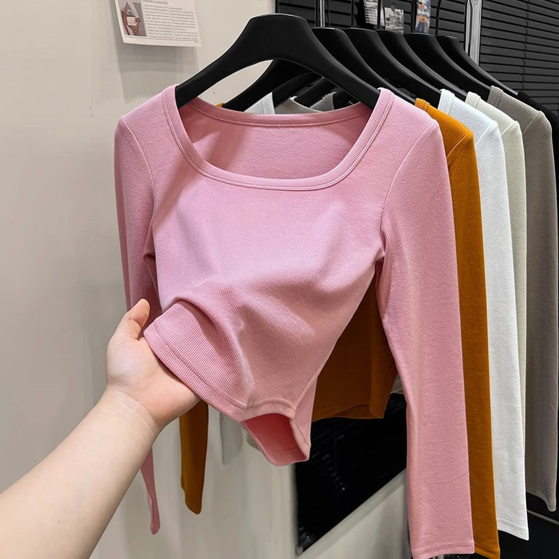 Dopamine tops Free shipping Tattoo Dopamine Wear Pumpkin Orange Shoulder Long Sleeve T-Shirt Women's Early Autumn Spice Girl Slim Short Square Neck Bottom Shirt Top