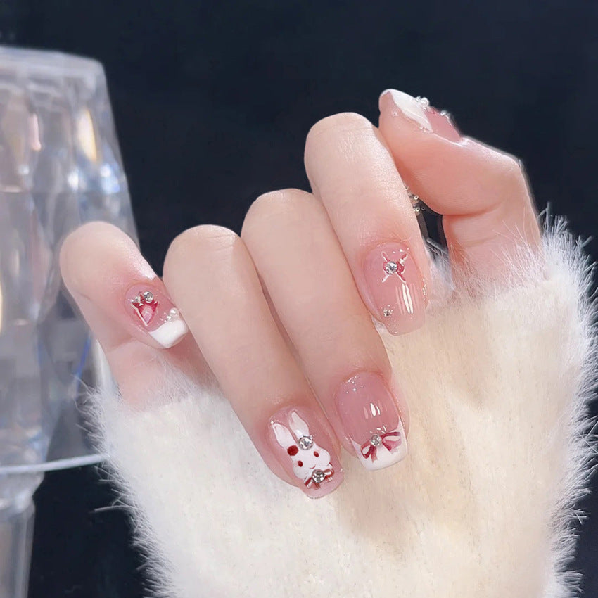 Fashion  nail French Rabbit Bow Fake Nail Patch Finished Nail Beauty Wearable Nail Stickers X100